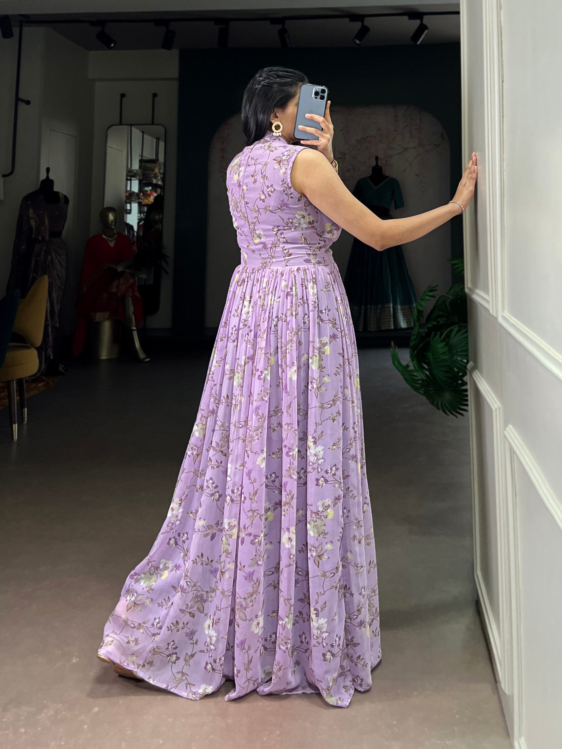 Lavender Floral Printed Weightless Marbal Long Dress with 3.40 Meter Flair, Silk Lining & Drawstring Zip Closure – Fully Stitched Party & Casual Wear Clothsvilla