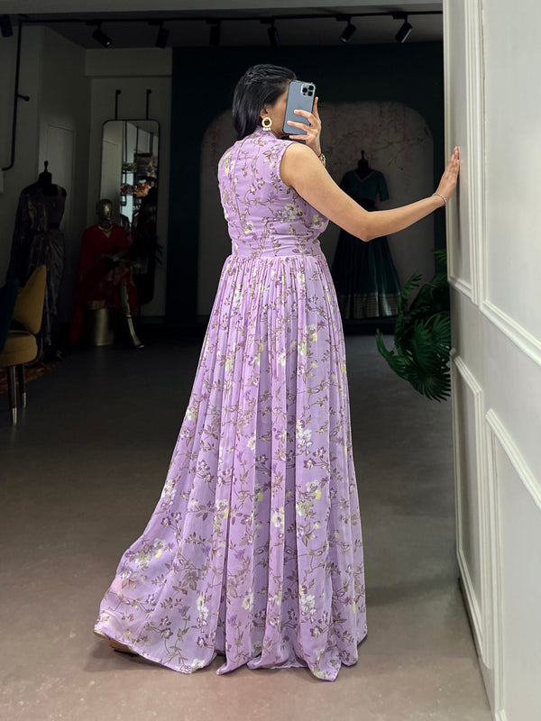 Lavender Floral Printed Weightless Marbal Long Dress with 3.40 Meter Flair, Silk Lining & Drawstring Zip Closure – Fully Stitched Party & Casual Wear Clothsvilla