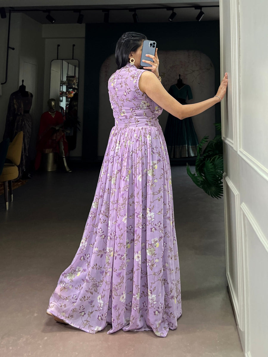 lavender print maxi dress Lavender Floral Printed Weightless Marbal Long Dress with 3.40 Meter Flair, Silk Lining & Drawstring Zip Closure – Fully Stitched Party & Casual Wear