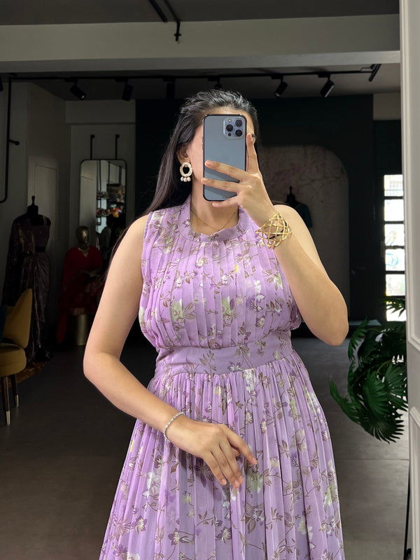 Lavender Floral Printed Weightless Marbal Long Dress with 3.40 Meter Flair, Silk Lining & Drawstring Zip Closure – Fully Stitched Party & Casual Wear Clothsvilla
