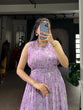 Load image into Gallery viewer, Lavender Floral Printed Weightless Marbal Long Dress with 3.40 Meter Flair, Silk Lining &amp; Drawstring Zip Closure – Fully Stitched Party &amp; Casual Wear Clothsvilla