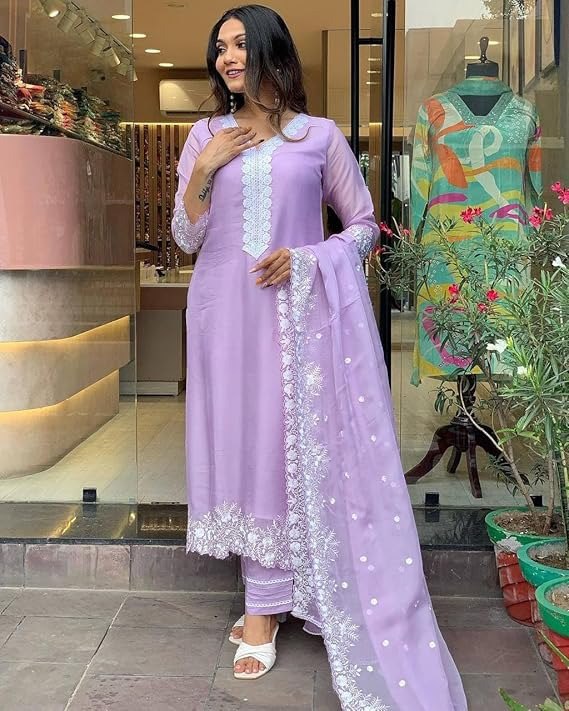Lavender Georgette Embroidered Kurti Set