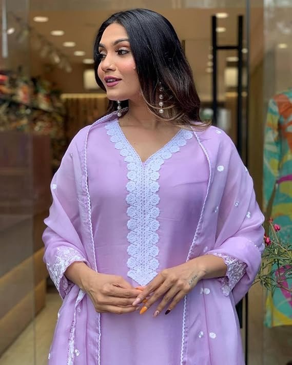 Lavender Georgette Embroidered Kurti Set