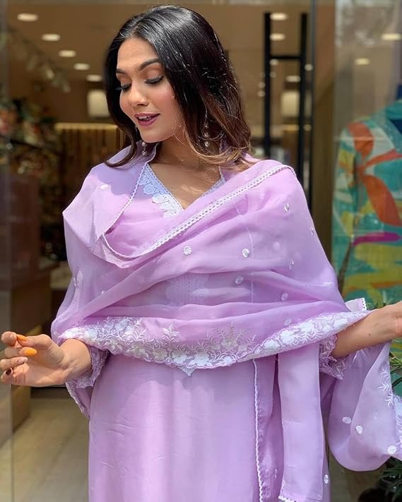 Lavender Georgette Embroidered Kurti Set