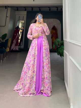 Lavender Georgette Printed Kurta Set with Shrug ClothsVilla