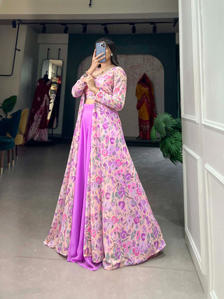 Lavender Georgette Printed Kurta Set with Shrug ClothsVilla