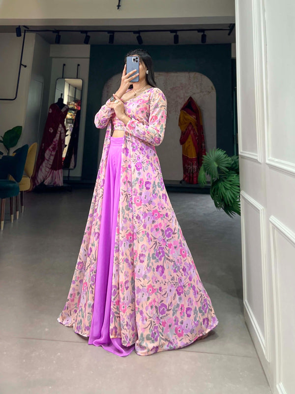 Lavender Georgette Printed Kurta Set with Shrug ClothsVilla