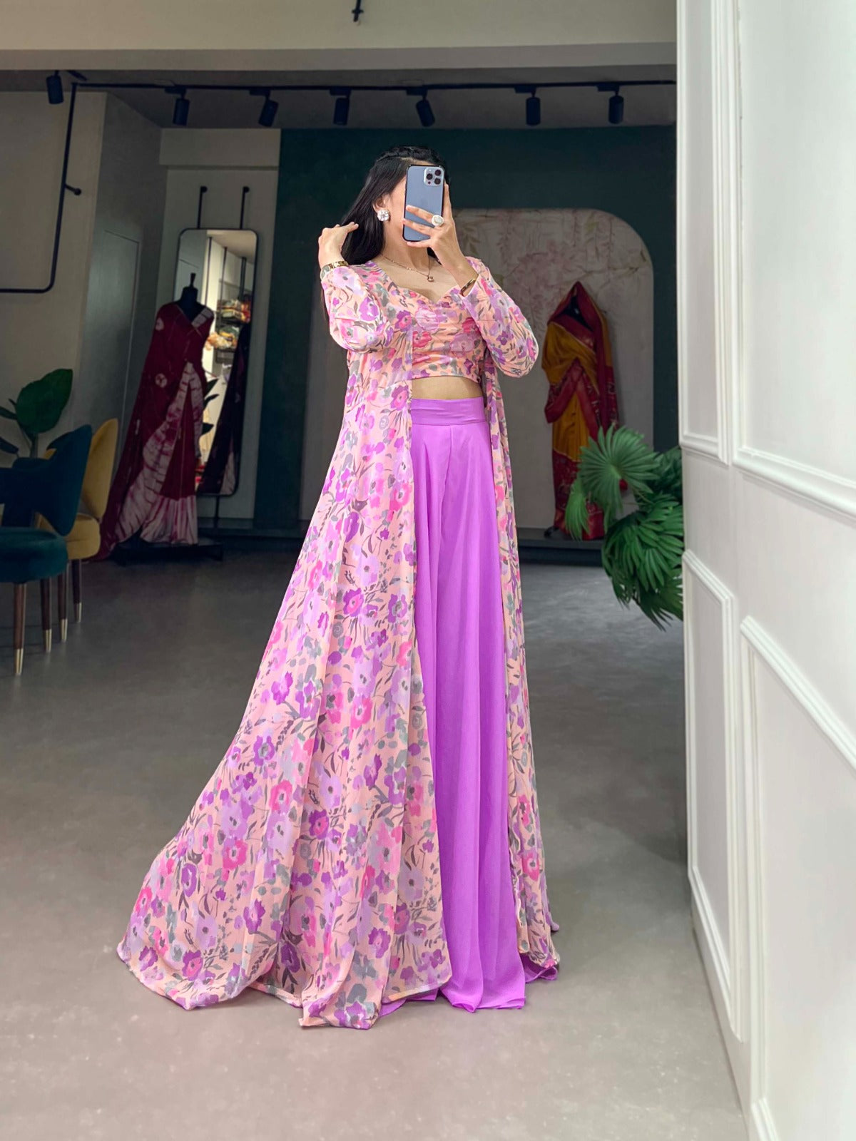 Lavender Georgette Printed Kurta Set with Shrug ClothsVilla