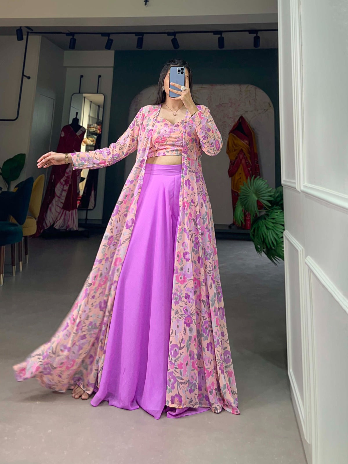 Lavender Georgette Printed Kurta Set with Shrug ClothsVilla
