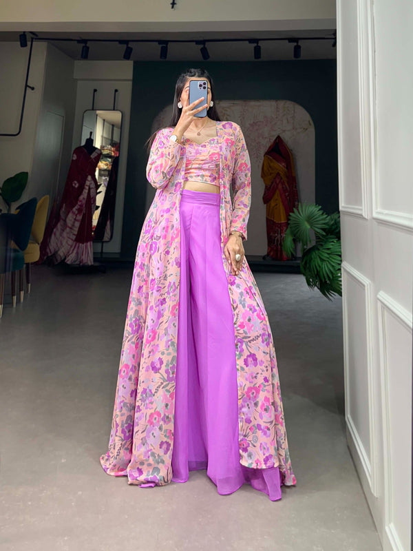 Lavender Georgette Printed Kurta Set with Shrug ClothsVilla