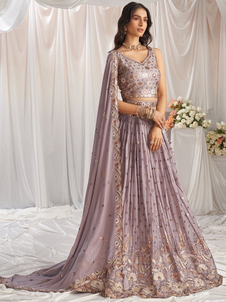Lavender Georgette Sequin embroidery Semi-Stitched Lehenga choli & Dupatta ClothsVilla