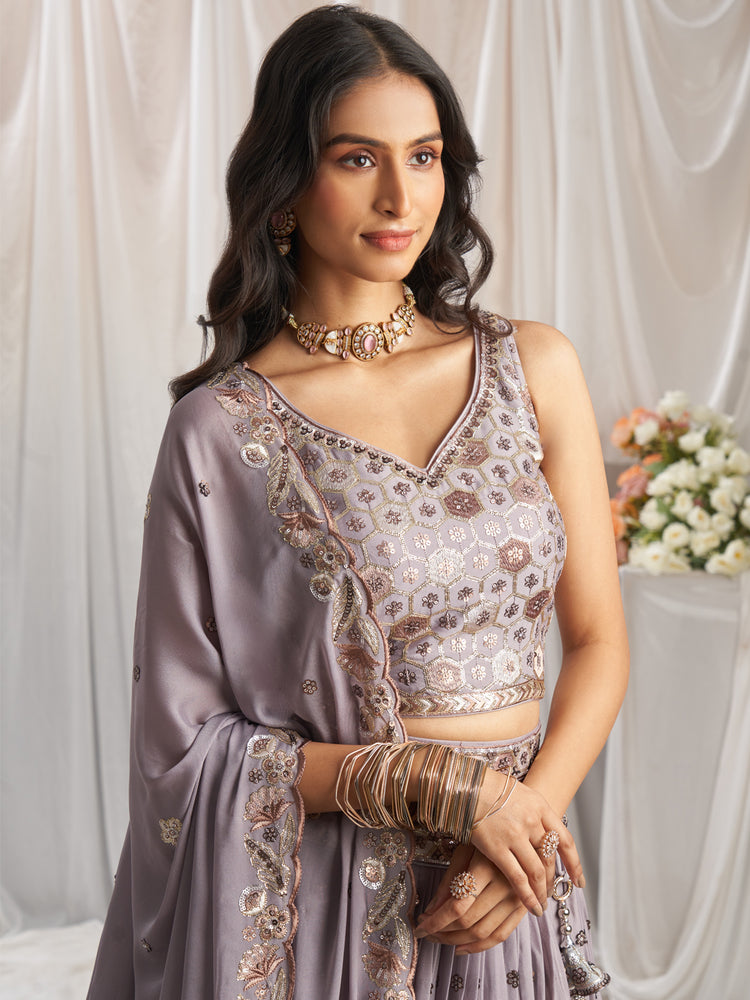 Lavender Georgette Sequin embroidery Semi-Stitched Lehenga choli & Dupatta ClothsVilla