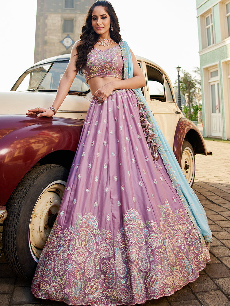 Lavender Georgette Sequins embroidery Semi-Stitched Lehenga choli & Dupatta ClothsVilla