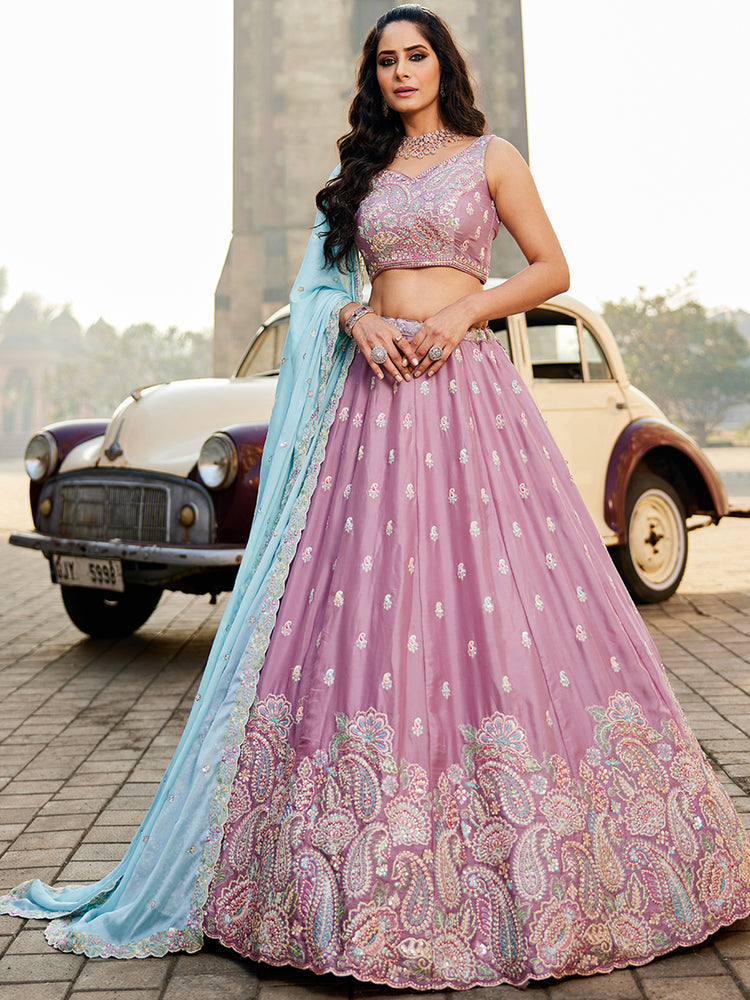 Lavender Georgette Sequins embroidery Semi-Stitched Lehenga choli & Dupatta ClothsVilla