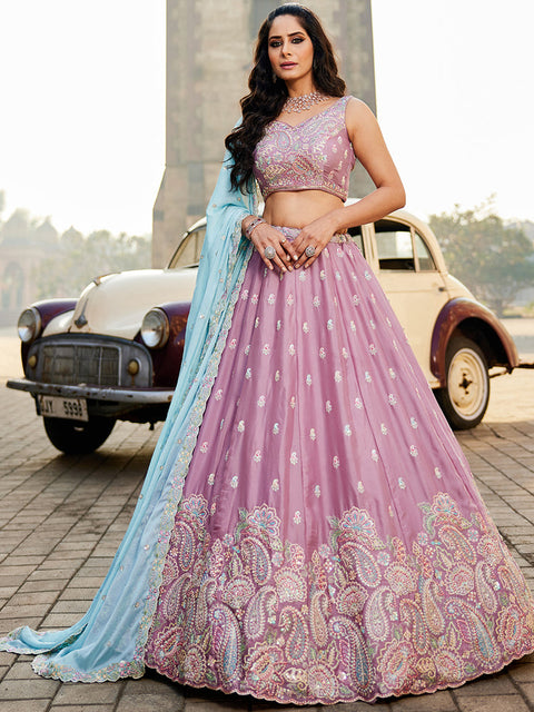 Lavender Georgette Sequins embroidery Semi-Stitched Lehenga choli & Dupatta ClothsVilla Main image