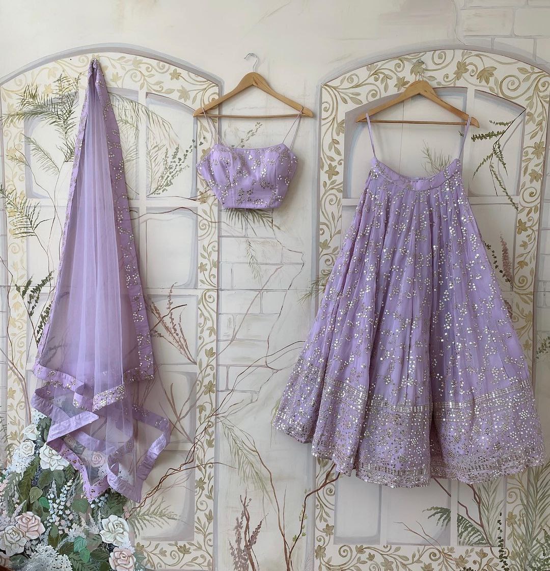 Lavender Georgette Zari & Sequin Embroidered Semi-Stitched Lehenga Choli with Soft Net Dupatta (3.2m Flair) ClothsVilla