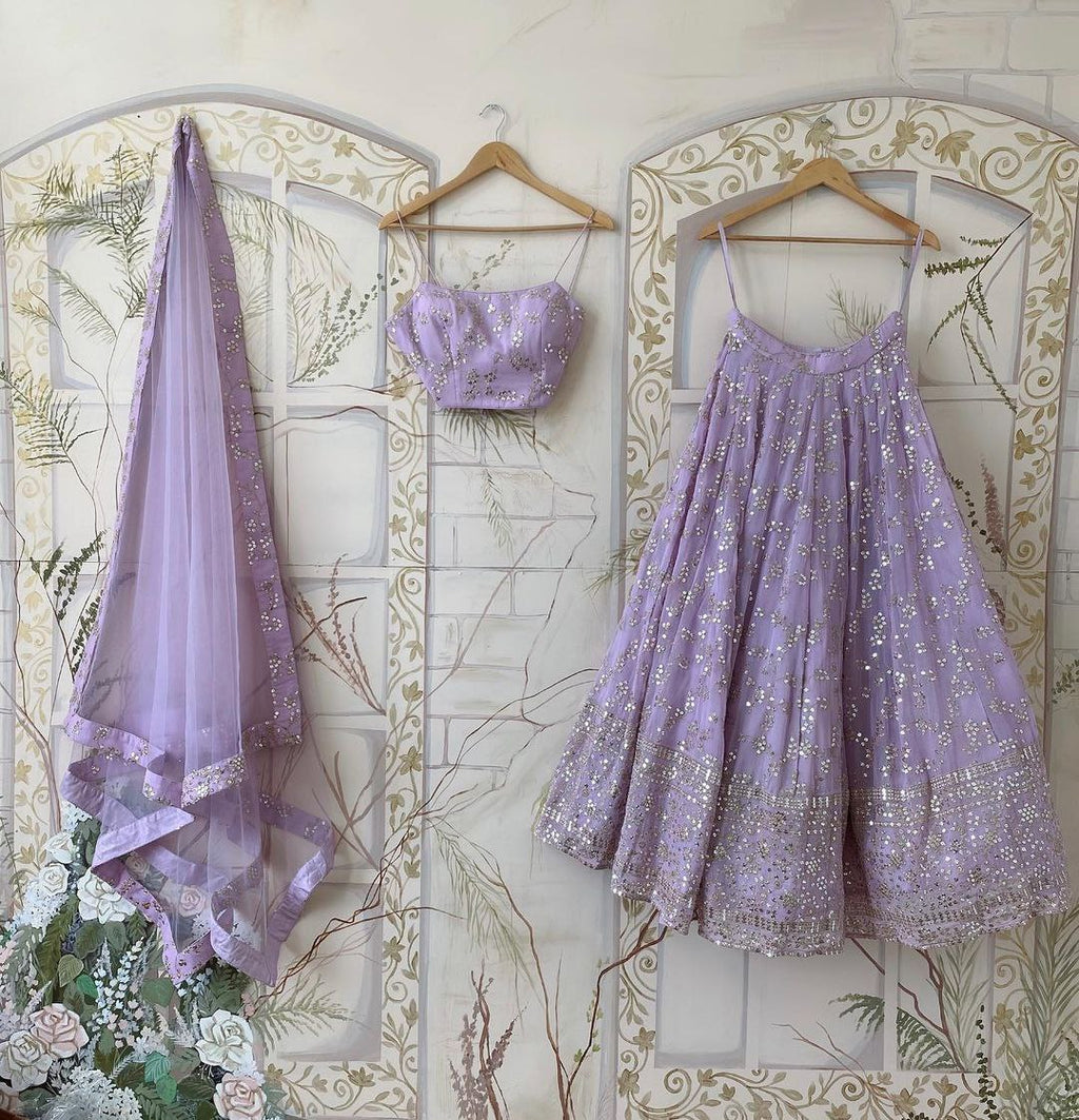 Lavender Georgette Zari & Sequin Embroidered Semi-Stitched Lehenga Choli with Soft Net Dupatta (3.2m Flair) ClothsVilla
