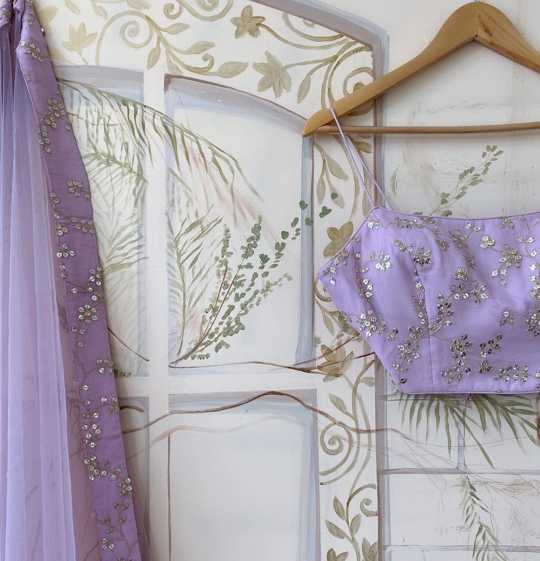 Lavender Georgette Zari & Sequin Embroidered Semi-Stitched Lehenga Choli with Soft Net Dupatta (3.2m Flair) Secondary image