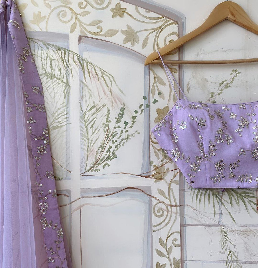 Lavender Georgette Zari & Sequin Embroidered Semi-Stitched Lehenga Choli with Soft Net Dupatta (3.2m Flair) ClothsVilla