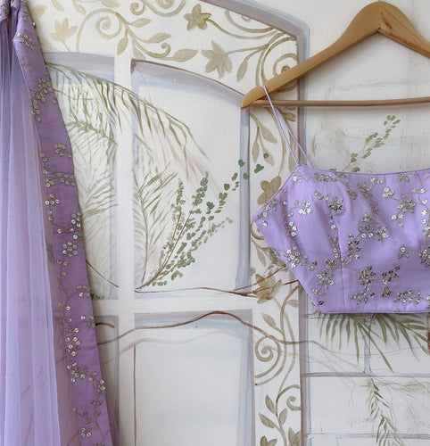 Lavender Georgette Zari & Sequin Embroidered Semi-Stitched Lehenga Choli with Soft Net Dupatta (3.2m Flair) ClothsVilla