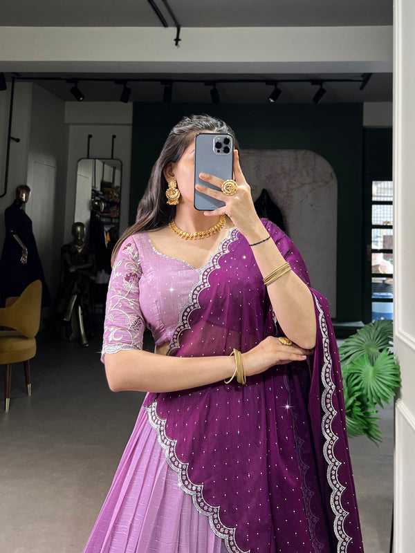 Lavender Glamorous Silver Glossy Embroidered Lehenga Set with Hotfix Detailing ClothsVilla