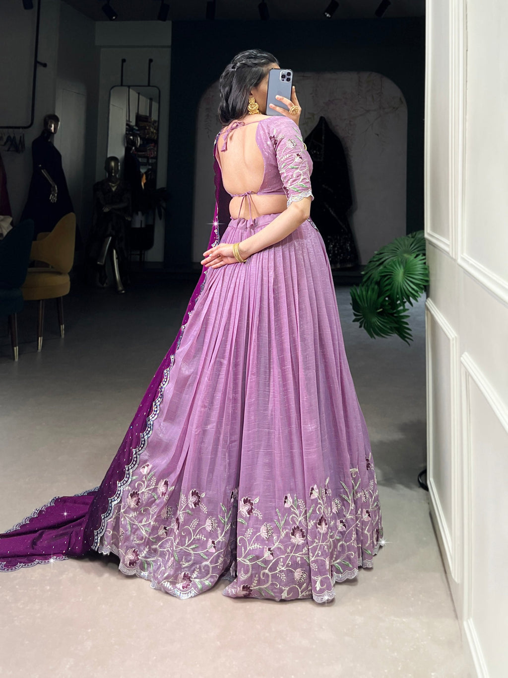 Lavender Glamorous Silver Glossy Embroidered Lehenga Set with Hotfix Detailing ClothsVilla