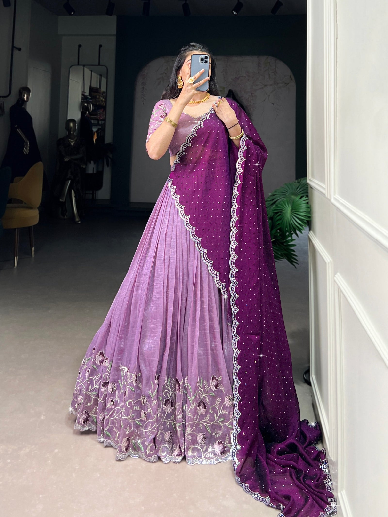 Lavender Glamorous Silver Glossy Embroidered Lehenga Set with Hotfix Detailing ClothsVilla