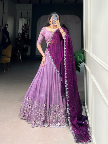 Lavender Glamorous Silver Glossy Embroidered Lehenga Set with Hotfix Detailing ClothsVilla