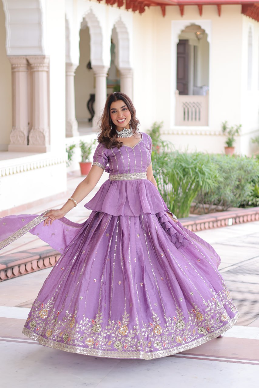 Lavender Gold Crush Multi-Thread Embroidered Lehenga Choli Set with Sequins, Peplum Blouse & Designer Lace Dupatta ClothsVilla Main image