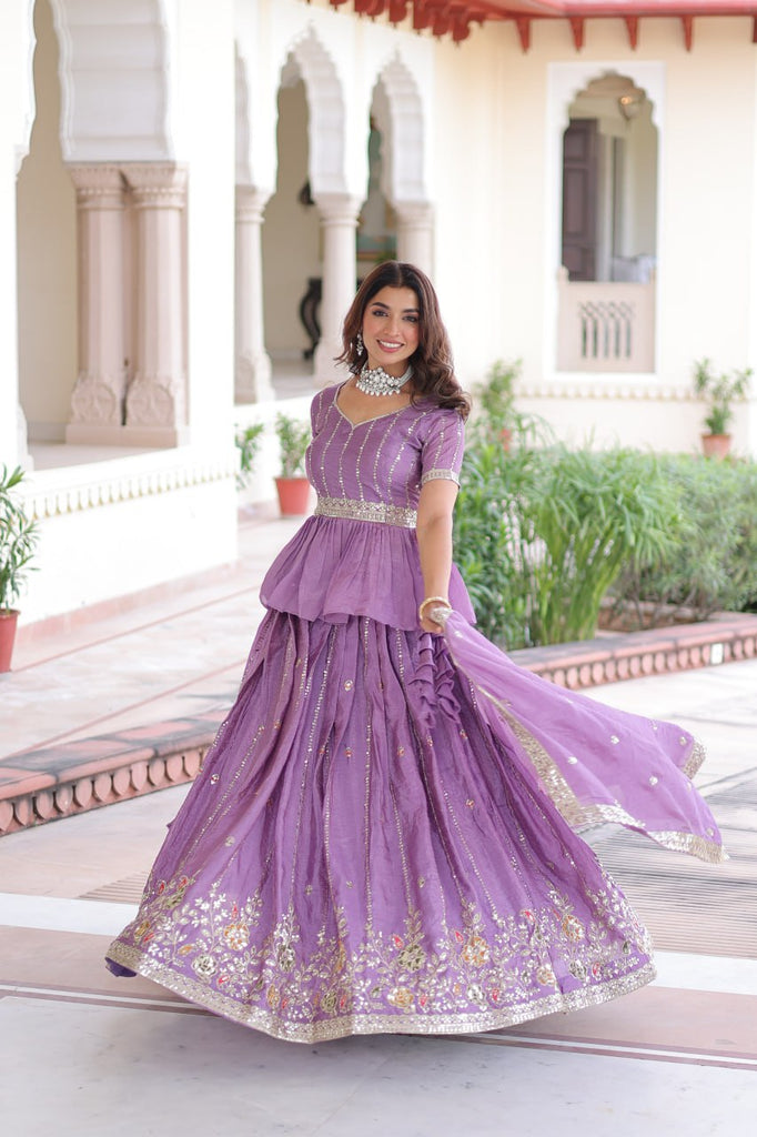 Lavender Gold Crush Multi-Thread Embroidered Lehenga Choli Set with Sequins, Peplum Blouse & Designer Lace Dupatta ClothsVilla