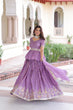Load image into Gallery viewer, Lavender Gold Crush Multi-Thread Embroidered Lehenga Choli Set with Sequins, Peplum Blouse &amp; Designer Lace Dupatta ClothsVilla