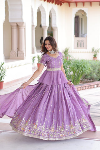 Lavender Gold Crush Multi-Thread Embroidered Lehenga Choli Set with Sequins, Peplum Blouse & Designer Lace Dupatta ClothsVilla