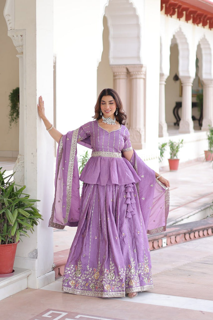Lavender Gold Crush Multi-Thread Embroidered Lehenga Choli Set with Sequins, Peplum Blouse & Designer Lace Dupatta ClothsVilla