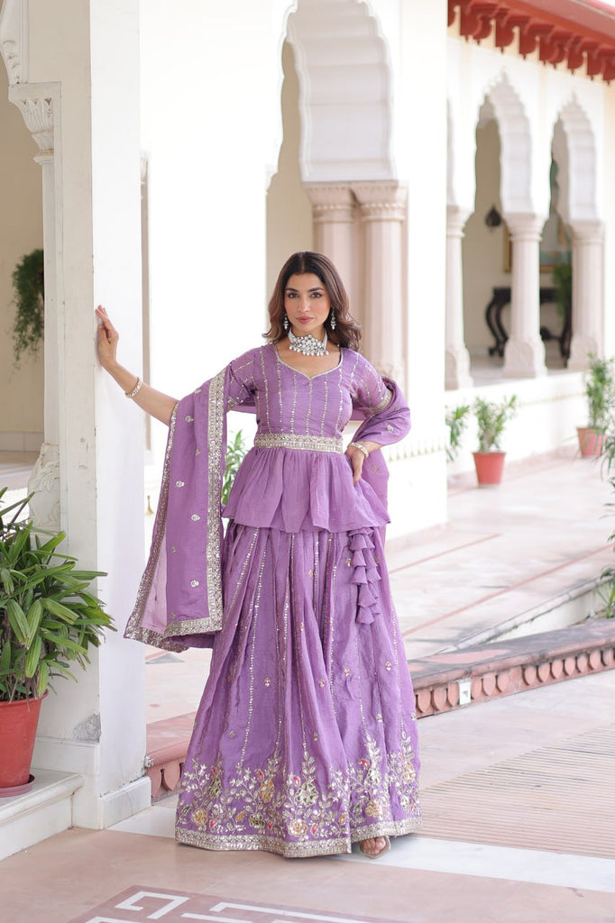 Lavender Gold Crush Multi-Thread Embroidered Lehenga Choli Set with Sequins, Peplum Blouse & Designer Lace Dupatta ClothsVilla
