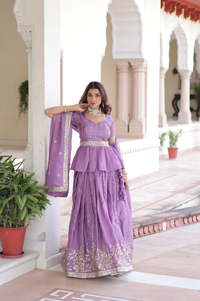 Lavender Gold Crush Multi-Thread Embroidered Lehenga Choli Set with Sequins, Peplum Blouse & Designer Lace Dupatta ClothsVilla