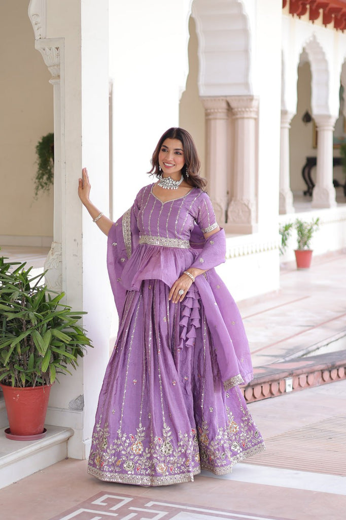 Lavender Gold Crush Multi-Thread Embroidered Lehenga Choli Set with Sequins, Peplum Blouse & Designer Lace Dupatta ClothsVilla