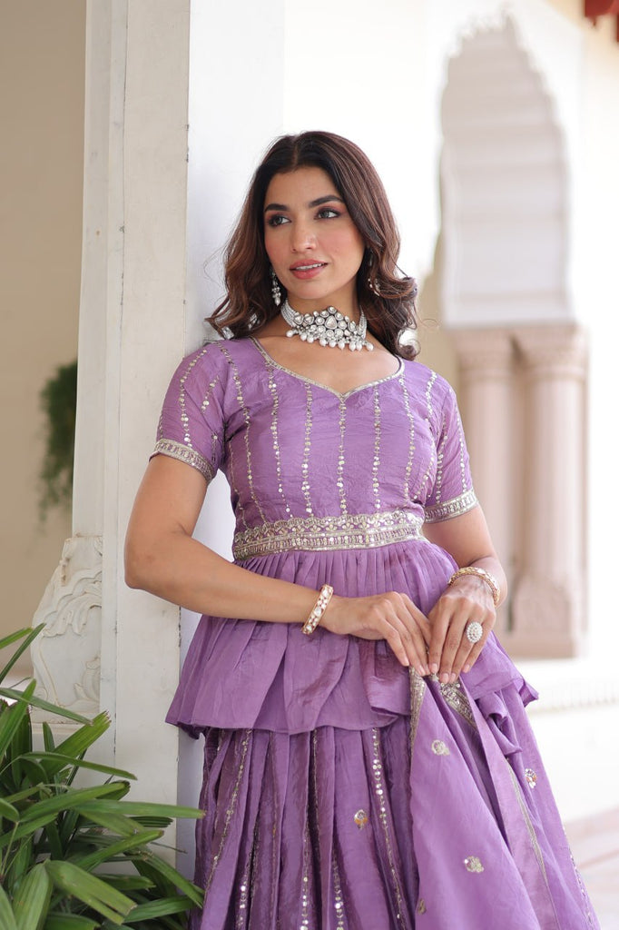 Lavender Gold Crush Multi-Thread Embroidered Lehenga Choli Set with Sequins, Peplum Blouse & Designer Lace Dupatta ClothsVilla