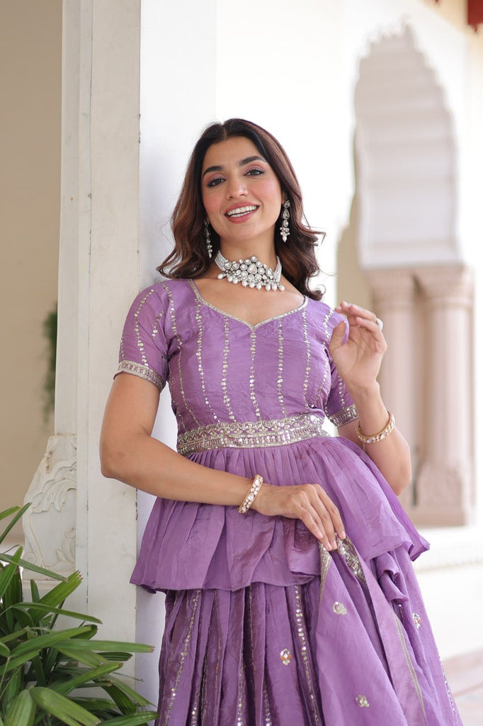 Lavender Gold Crush Multi-Thread Embroidered Lehenga Choli Set with Sequins, Peplum Blouse & Designer Lace Dupatta ClothsVilla