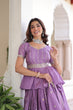 Load image into Gallery viewer, Lavender Gold Crush Multi-Thread Embroidered Lehenga Choli Set with Sequins, Peplum Blouse &amp; Designer Lace Dupatta ClothsVilla
