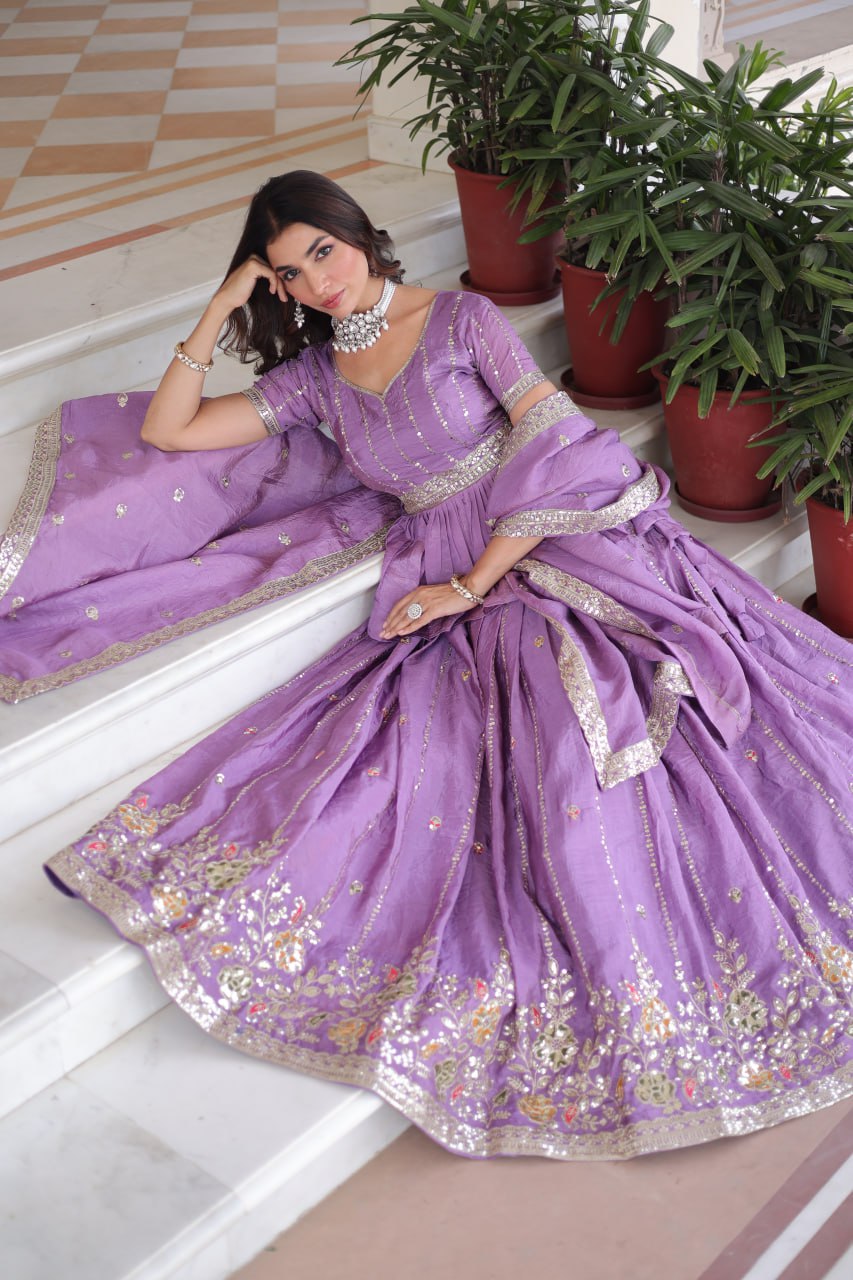 Lavender Gold Crush Multi-Thread Embroidered Lehenga Choli Set with Sequins, Peplum Blouse & Designer Lace Dupatta ClothsVilla