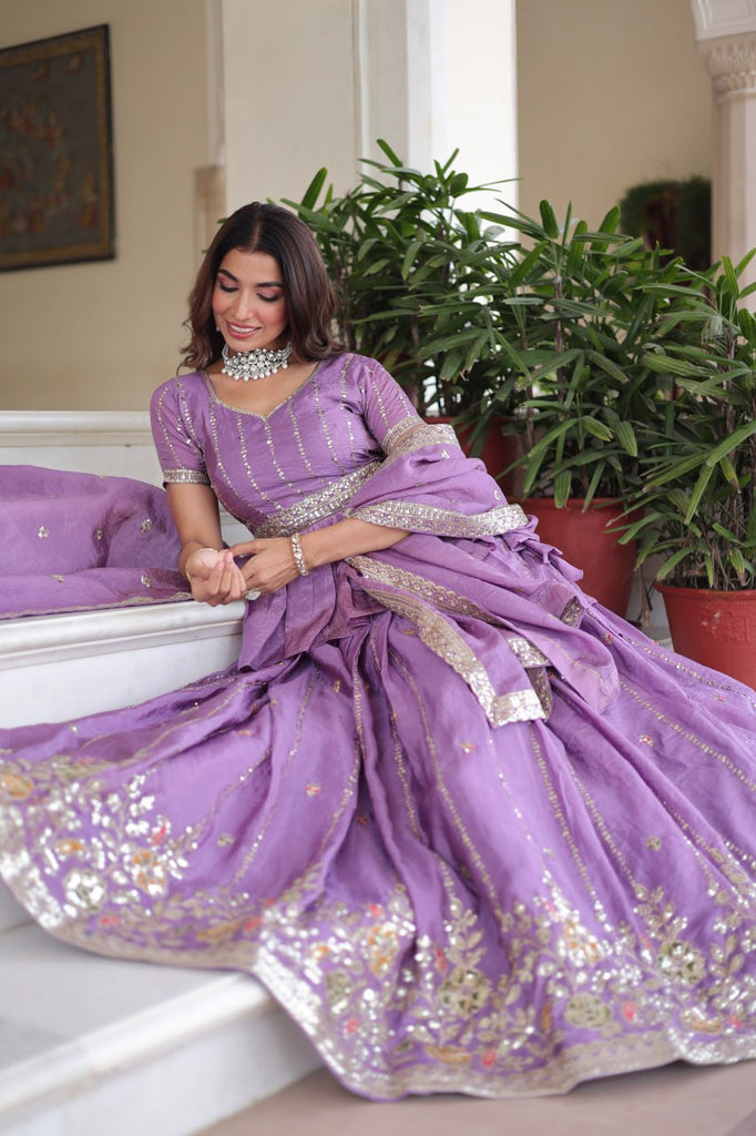 Lavender Gold Crush Multi-Thread Embroidered Lehenga Choli Set with Sequins, Peplum Blouse & Designer Lace Dupatta ClothsVilla