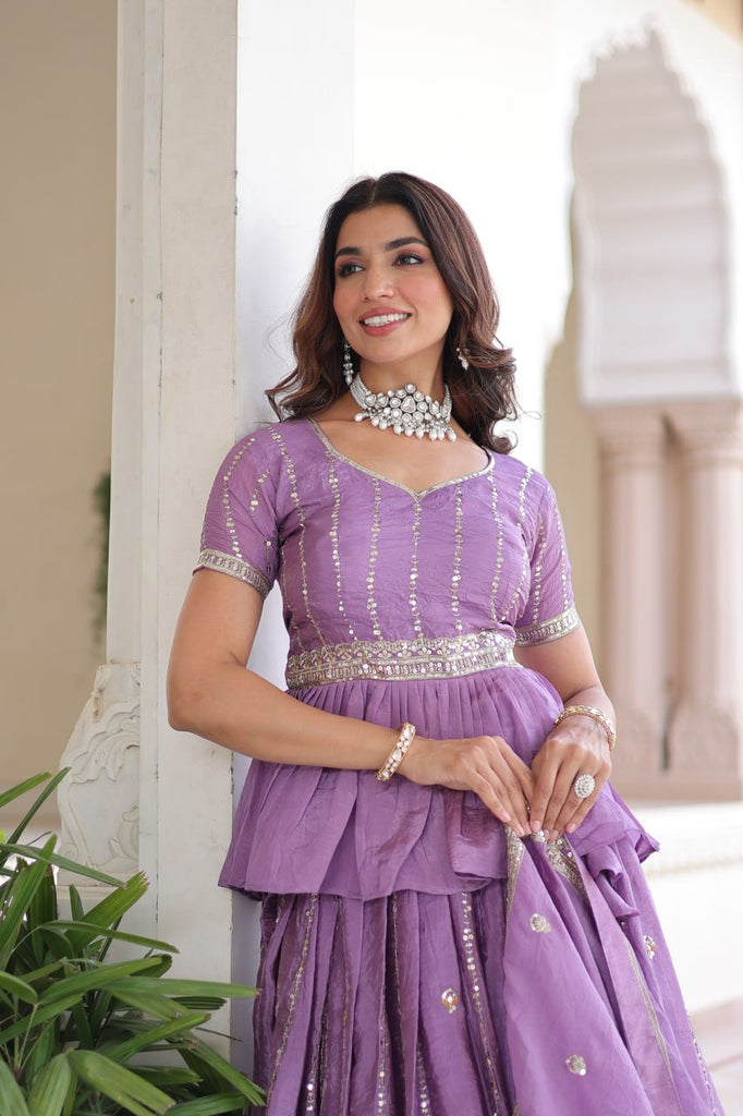 Lavender Gold Crush Multi-Thread Embroidered Lehenga Choli Set with Sequins, Peplum Blouse & Designer Lace Dupatta ClothsVilla
