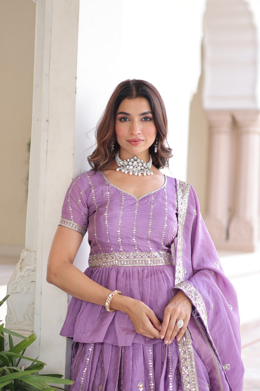 Lavender Gold Crush Multi-Thread Embroidered Lehenga Choli Set with Sequins, Peplum Blouse & Designer Lace Dupatta ClothsVilla