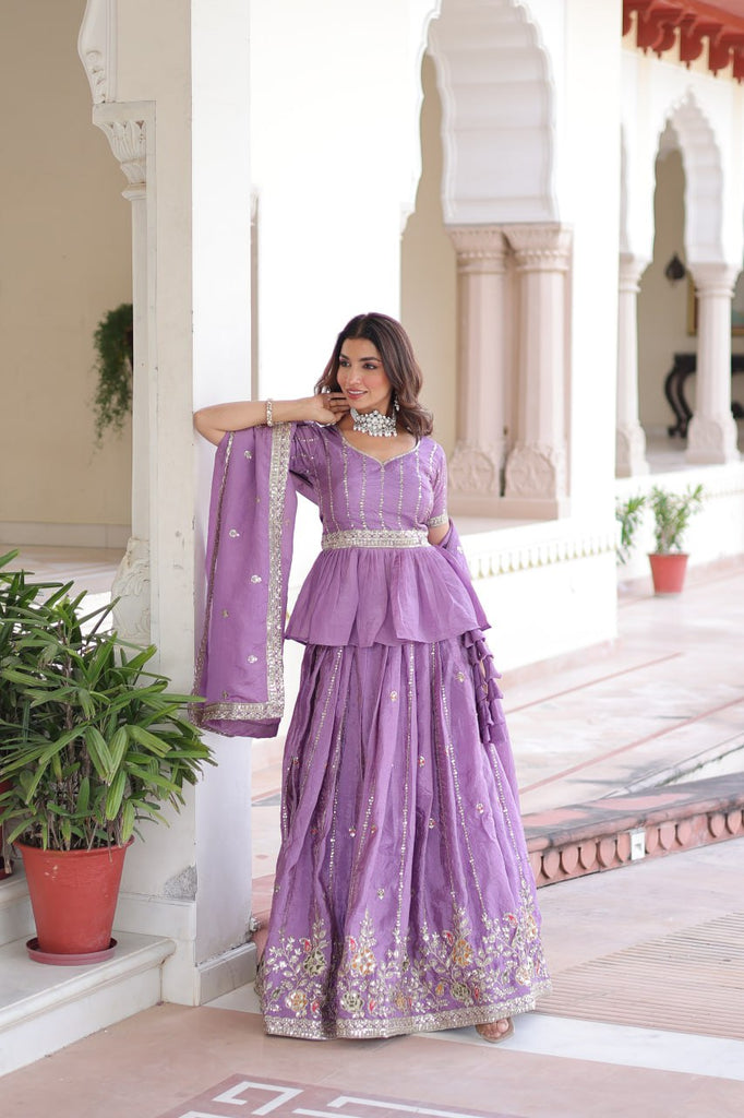 Lavender Gold Crush Multi-Thread Embroidered Lehenga Choli Set with Sequins, Peplum Blouse & Designer Lace Dupatta ClothsVilla