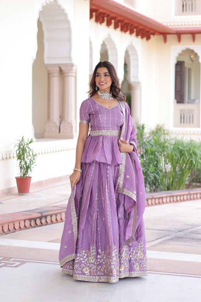 Lavender Gold Crush Multi-Thread Embroidered Lehenga Choli Set with Sequins, Peplum Blouse & Designer Lace Dupatta ClothsVilla