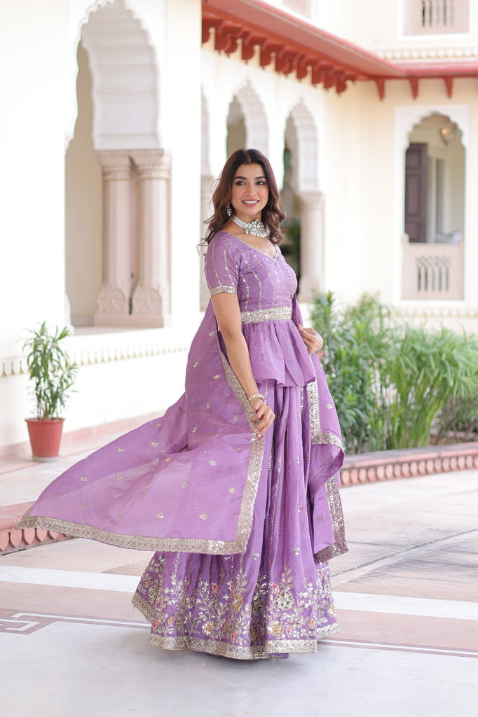 Lavender Gold Crush Multi-Thread Embroidered Lehenga Choli Set with Sequins, Peplum Blouse & Designer Lace Dupatta ClothsVilla