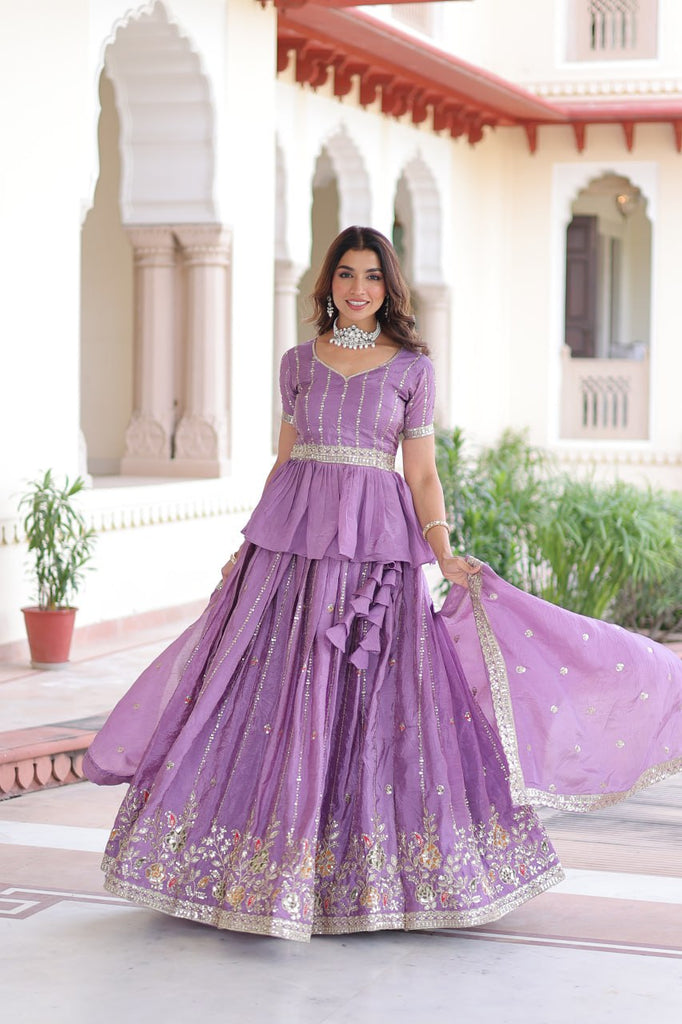 Lavender Gold Crush Multi-Thread Embroidered Lehenga Choli Set with Sequins, Peplum Blouse & Designer Lace Dupatta ClothsVilla