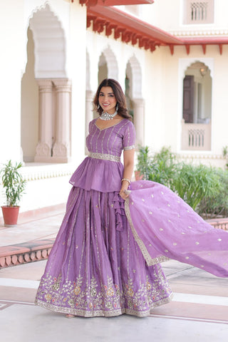 Lavender Gold Crush Multi-Thread Embroidered Lehenga Choli Set with Sequins, Peplum Blouse & Designer Lace Dupatta ClothsVilla