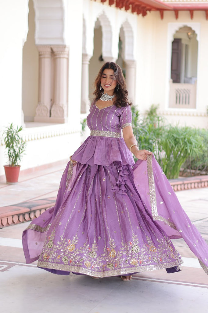 Lavender Gold Crush Multi-Thread Embroidered Lehenga Choli Set with Sequins, Peplum Blouse & Designer Lace Dupatta ClothsVilla