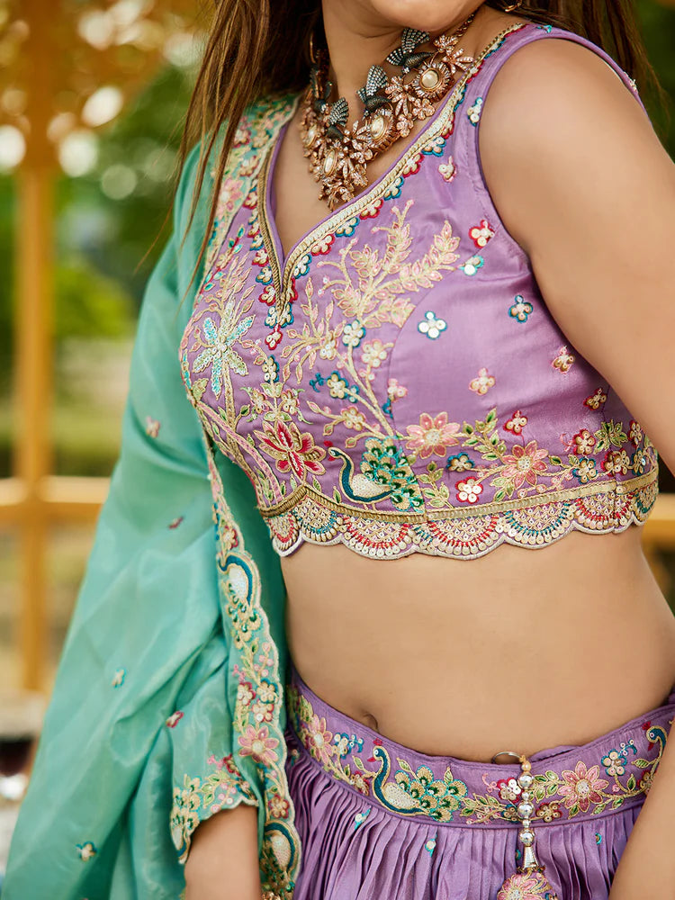 Lavender Golden Satin Lehenga Choli Set with Embroidered Dupatta Indian Bridal Outfit ClothsVilla